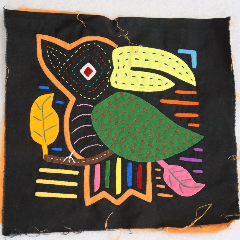 Vintage Mola Applique Fabric Panels 9x8 Black Multicolor Unisex Art Craft - Picture 3 of 6
